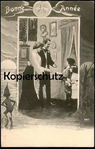 ALTE POSTKARTE BONNE ANNÉE Zwerg nain dwarf Paar couple Kinder enfants children Mond moon cpa postcard AK Ansichtskarte