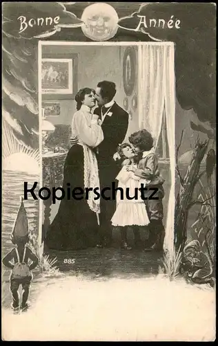 ALTE POSTKARTE BONNE ANNÉE KINDER KUSS Zwerg nain dwarf Paar couple enfants children Mond moon kiss cpa postcard AK