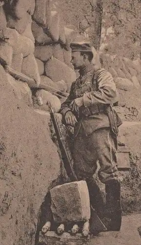 ALTE POSTKARTE HUSAR IM SCHÜTZENGRABEN 1914/15 WK I Stellung Unterstand Soldat soldier Stempel Regiment von Hindenburg