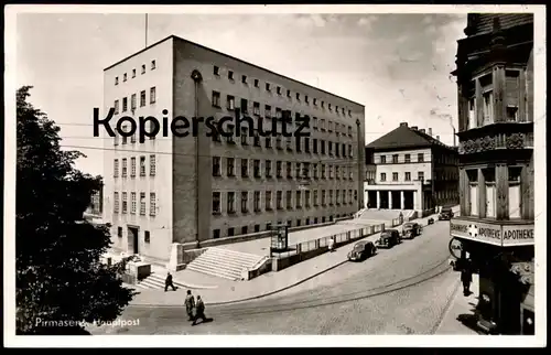 ÄLTERE POSTKARTE PIRMASENS HAUPTPOST MIT BAHNHOF APOTHEKE Bayer Togal Post Ansichtskarte AK cpa postcard