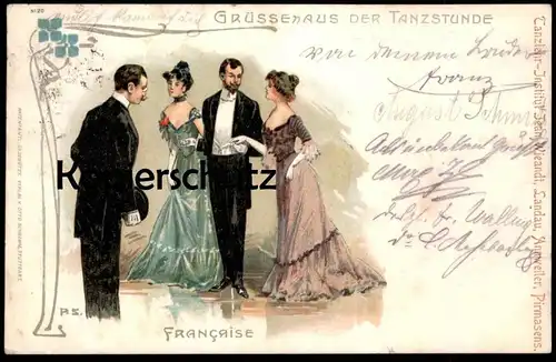 ALTE LITHO POSTKARTE TANZLEHR-INSTITUT WIEANDT LANDAU ANNWEILER PIRMASENS GRUSS AUS DER TANZSTUNDE dancing Tanz cpa AK