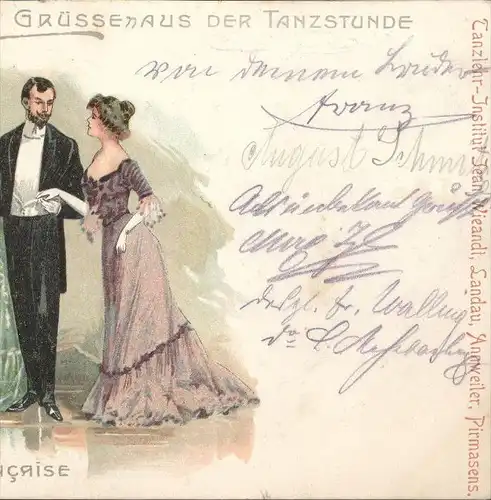 ALTE LITHO POSTKARTE TANZLEHR-INSTITUT WIEANDT LANDAU ANNWEILER PIRMASENS GRUSS AUS DER TANZSTUNDE dancing Tanz cpa AK