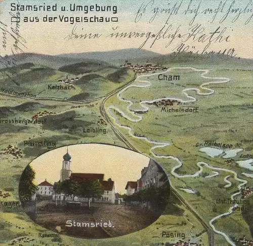 ALTE POSTKARTE STAMSRIED UND UMGEBUNG AUS DER VOGELSCHAU EUGEN FELLE PÖSING CHAM LOIBLING STRAHLFELD Ansichtskarte