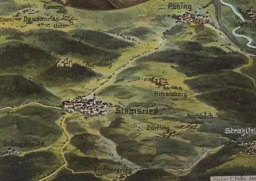 ALTE POSTKARTE STAMSRIED UND UMGEBUNG AUS DER VOGELSCHAU EUGEN FELLE PÖSING CHAM LOIBLING STRAHLFELD Ansichtskarte
