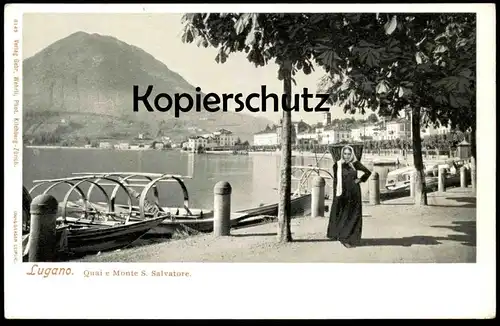 ALTE POSTKARTE LUGANO QUAI E MONTE S. SALVATORE FRAU MIT KIEPE TRACHT traditional Boot boat cpa postcard Ansichtskarte