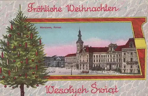 ALTE POSTKARTE WARSZAWA WESOTYCH SWIAT RATUSZ WARSCHAU FRÖHLICHE WEIHNACHTEN Tannenbaum Christbaum Tanne cpa postcard AK