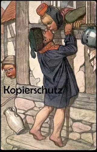 ALTE POSTKARTE KINDER KUSS EIFERSUCHT HESSISCHE TRACHT Hessen 1914 enfants children kiss traditional costume postcard