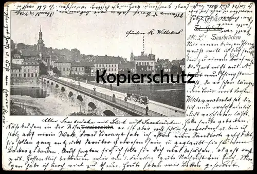 ALTE POSTKARTE GRUSS AUS ST. JOHANN SAARBRÜCKEN TOTALANSICHT FUHRWERK BRÜCKE Ansichtskarte AK postcard cpa