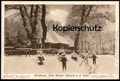 ALTE POSTKARTE WALDHAUS DREI BÄNKE NEHEIM AN DER RUHR Arnsberg Neheim-Hüsten Kinder child Winter postcard Ansichtskarte