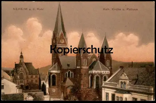 ALTE POSTKARTE NEHEIM AN DER RUHR KATHOLISCHE KIRCHE UND RATHAUS ARNSBERG cpa postcard Ansichtskarte AK