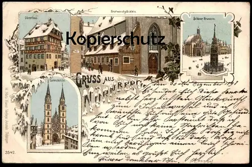 ALTE WINTER LITHO POSTKARTE GRUSS AUS NÜRNBERG SCHÖNER BRUNNEN DÜRERHAUS LORENZKIRCHE BRATWURSTGLÖCKLEIN cpa postcard