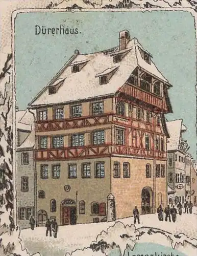 ALTE WINTER LITHO POSTKARTE GRUSS AUS NÜRNBERG SCHÖNER BRUNNEN DÜRERHAUS LORENZKIRCHE BRATWURSTGLÖCKLEIN cpa postcard