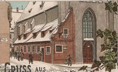 ALTE WINTER LITHO POSTKARTE GRUSS AUS NÜRNBERG SCHÖNER BRUNNEN DÜRERHAUS LORENZKIRCHE BRATWURSTGLÖCKLEIN cpa postcard