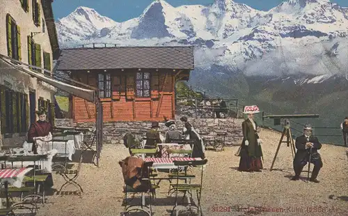 ALTE POSTKARTE HOTEL NIESEN-KULM FRAU AM FERNROHR SCHRECKHORN EIGER MÖNCH JUNGFRAU telescope Ansichtskarte cpa postcard