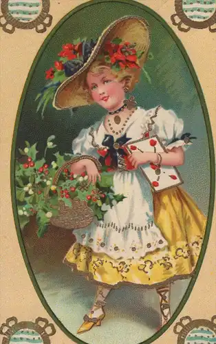 ALTE PRÄGE POSTKARTE HERZLICHEN GLÜCKWUNSCH ZUM NAMENSTAGE MÄDCHEN MIT HUT VERGOLDET ILEX Namenstag AK cpa postcard
