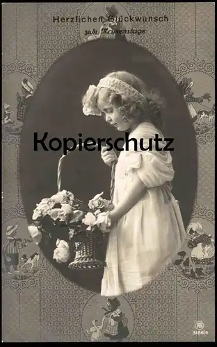 ALTE POSTKARTE HERZLICHEN GLÜCKWUNSCH ZUM NAMENSTAGE MÄDCHEN KIND ALTE TAPETE MIT GANS HUND HÜHNER cpa postcard