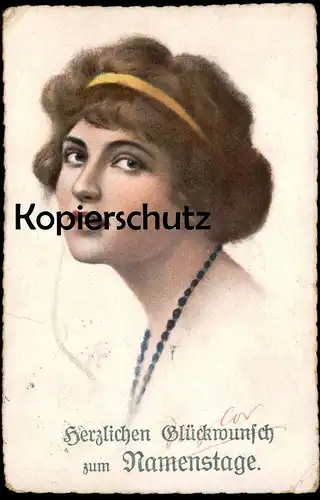 ALTE POSTKARTE HERZLICHEN GLÜCKWUNSCH ZUM NAMENSTAGE FRAU HALSKETTE women femme Verlag American Girls cpa postcard AK