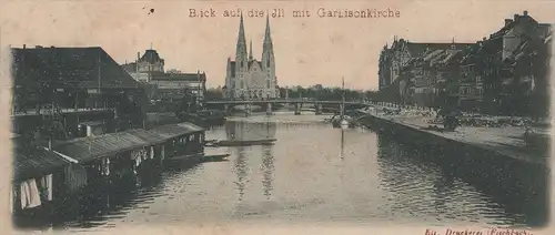 ALTE POSTKARTE STRASSBURG BLICK AUF DIE ILL MIT GARNISONSKIRCHE WAARENHAUS M. KNOPF Strasbourg postcard AK cpa