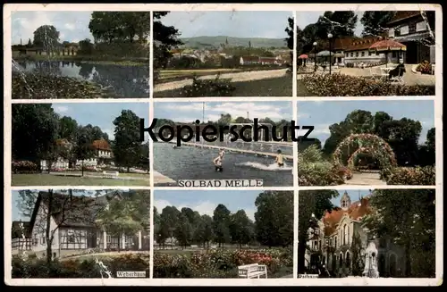 ALTE POSTKARTE SOLBAD MELLE 1942 RATHAUS WEBERHAUS RATHAUS BAD SCHWIMMBAD PANORAMA AK Ansichtskarte cpa postcard