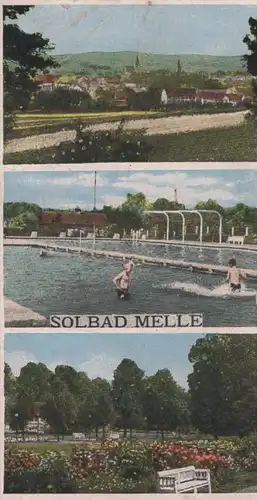 ALTE POSTKARTE SOLBAD MELLE 1942 RATHAUS WEBERHAUS RATHAUS BAD SCHWIMMBAD PANORAMA AK Ansichtskarte cpa postcard