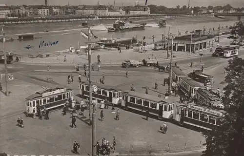 ALTE POSTKARTE MANNHEIM AUFFAHRT ZUR KURPFALZBRÜCKE MIT OEG BAHNHOF Frachtschiff Strassenbahn Esso tramway camion LKW