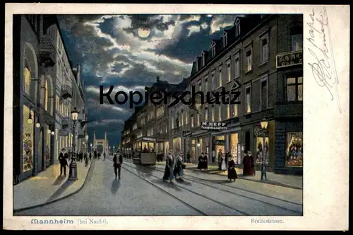 ALTE POSTKARTE MANNHEIM BEI NACHT BREITESTRASSE MONDSCHEINKARTE Knight nuit Strassenbahn tramway Ansichtskarte postcard