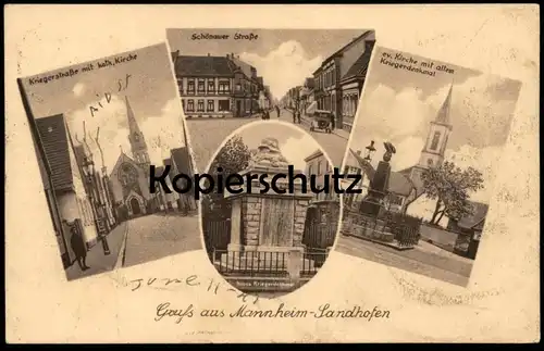 ALTE POSTKARTE GRUSS AUS MANNHEIM SANDHOFEN KRIEGERSTRASSE SCHÖNAUER STRASSE AK Ansichtskarte postcard cpa
