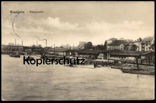 ALTE POSTKARTE MANNHEIM RHEINPARTIE FRACHTSCHIFF WAGGON EISENBAHN Zug Schiff Rhein Dampfer Hafen Ansichtskarte postcard