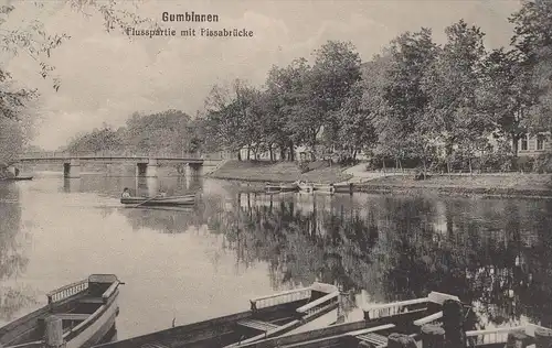 ALTE POSTKARTE GUMBINNEN FLUSSPARTIE MIT PISSABRÜCKE BOOTE GUSSEW GOESEV RUSSIA Russland cpa postcard AK Ansichtskarte