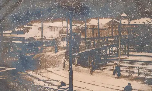 ALTE POSTKARTE LUDWIGSHAFEN AM RHEIN IM WINTER DER VIADUKT SCHNEEFALL STRASSENBAHN tram tramway Ansichtskarte postcard