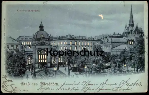 ALTE POSTKARTE GRUSS AUS WIESBADEN KOCHBRUNNENPLATZ HALT-GEGEN-DAS LICHT W. Hagelberg Hold-to-light postcard night nuit