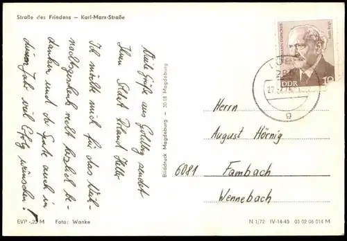 ÄLTERE POSTKARTE GOLDBERG MECKLENBURG STRASSE DES FRIEDENS KARL-MARX-STRASSE SCHRÖDER MATERIALWAREN AK postcard cpa