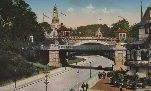 ALTE POSTKARTE HAMBURG KERSTEN MILES-BRÜCKE UND NEUE HOCHBAHNBRÜCKE MIT BISMARCKDENKMAL Ansichtskarte postcard AK cpa