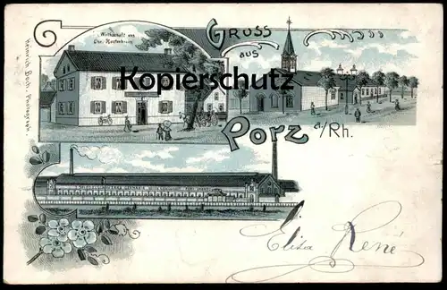 ALTE LITHO POSTKARTE GRUSS AUS PORZ AM RHEIN WIRTSCHAFT VON CHR. HACKENBROICH Köln Ansichtskarte postcard AK cpa