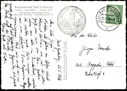 ÄLTERE POSTKARTE BLICK VON DER GODESBURG AUF DAS SIEBENGEBIRGE BURGRESTAURANT BAD GODESBERG Ansichtskarte cpa postcard