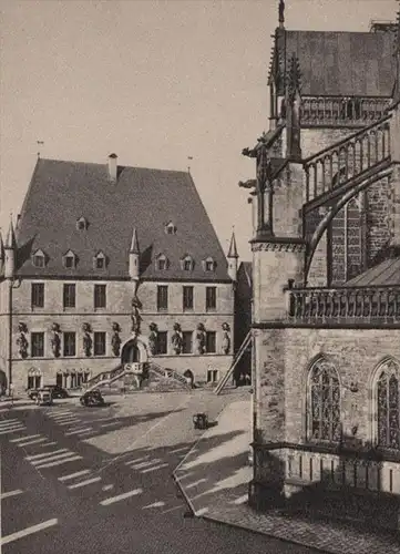 ALTE POSTKARTE OSNABRÜCK GEMEINSCHAFTSWERK DER OSNABRÜCKER BÜRGERSCHAFT WIEDERAUFBAU DES MARKTPLATZES MARKTLOTTERIE