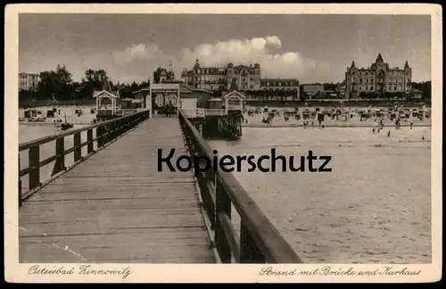 ALTE POSTKARTE OSTSEEBAD ZINNOWITZ 1932 STRAND MIT BRÜCKE UND KURHAUS USEDOM cpa postcard AK Ansichtskarte