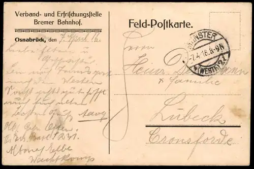 ALTE KÜNSTLER POSTKARTE VERBAND- UND ERFRISCHUNGSSTELLE BREMER BAHNHOF OSNABRÜCK cpa postcard AK Ansichtskarte