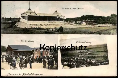 ALTE POSTKARTE DORTMUNDER PFERDE-WETTRENNEN AM TOTALISATOR TRIBÜNEN-SPRUNG DIE NEUE U. ALTE BÜHNE Dortmund horse race