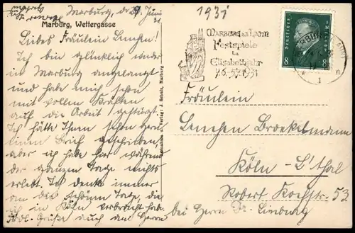 ALTE POSTKARTE MARBURG WETTERGASSE ENGE GASSEN IM FLAGGENSCHMUCK HOCH MARPURGIA Corps Studentika studentica postcard AK