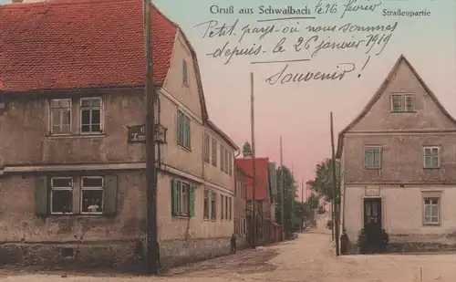 ALTE POSTKARTE GRUSS AUS SCHWALBACH STRASSENPARTIE 1919 GASTHOF ZUM ... postcard Ansichtskarte cpa AK
