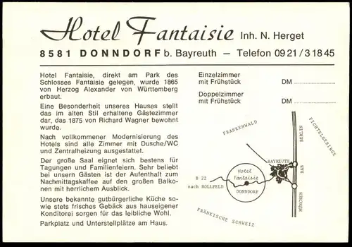 ÄLTERE WERBEKARTE HOTEL FANTAISIE DONNDORF ECKERSDORF Bayreuth AK Postkarte postcard Ansichtskarte cpa