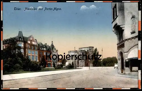 ALTE POSTKARTE TRIER NORDALLEE MIT PORTA-NIGRA PATRIOTISCHE UMRANDUNG PREUSSEN SCHWARZ ROT postcard Ansichtskarte cpa AK