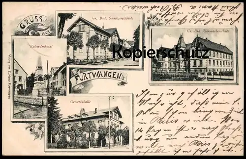 ALTE POSTKARTE GRUSS AUS FURTWANGEN GEWERBEHALLE KAISERDENKMAL SCHNITZEREISCHULE UHRMACHERSCHULE Bahnpost Donaueschingen