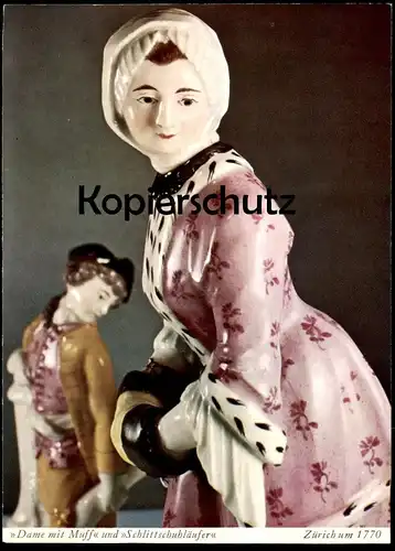 ÄLTERE POSTKARTE DAME MIT MUFF UND SCHLITTSCHUHLÄUFER ZÜRICH UM 1770 MEISSENER PORZELLAN Meissen porcelain saxe postcard