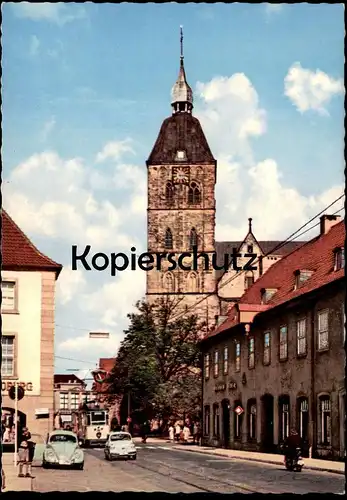 ÄLTERE POSTKARTE OSNABRÜCK AN DER JOHANNISKIRCHE VW KÄFER Strassenbahn tram tramway Ansichtskarte postcard cpa AK