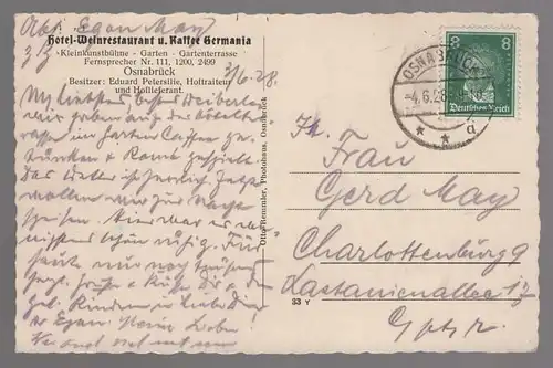 ALTE POSTKARTE HOTEL GERMANIA OSNABRÜCK WEINRESTAURANT KLEINKUNSTBÜHNE BLUMENBOUQUET PETERSILIE Ansichtskarte postcard