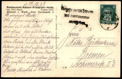 ALTE POSTKARTE HOTEL KAISER-FRIEDRICH-HALLE MÜNSTER I. WESTF. INH. FRITZ MEYER Ansichtskarte postcard cpa AK