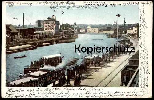 ALTE POSTKARTE MÜNSTER I. W. HAFEN VOM DORTMUND-EMSKANAL ZUG FRACHTSCHIFF cargo ship train Ansichtskarte postcard cpa AK