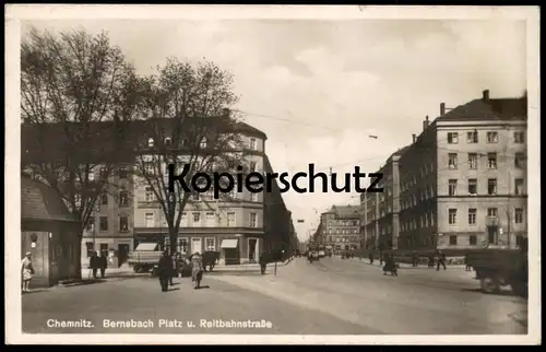 ALTE POSTKARTE CHEMNITZ BERNSBACH PLATZ U. REITBAHNSTRASSE 1943 PFERDEFUHRWERK Strassenbahn Ansichtskarte postcard cpa